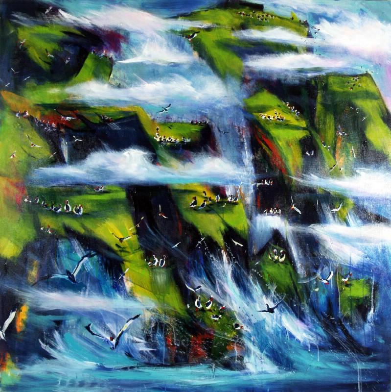 Fjeldside med søpapegøjer - Færøerne