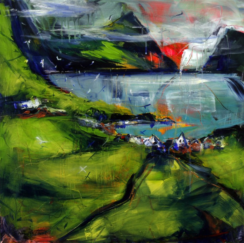 Solnedgang over færøsk bygd