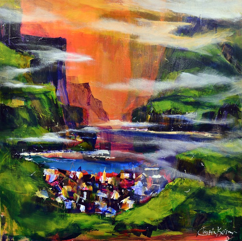 Færøsk bygd i solnedgang.