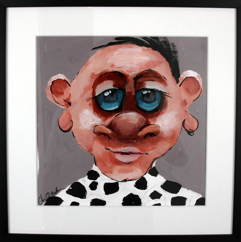 Kunstværk malet på papir med passepartout bag glas