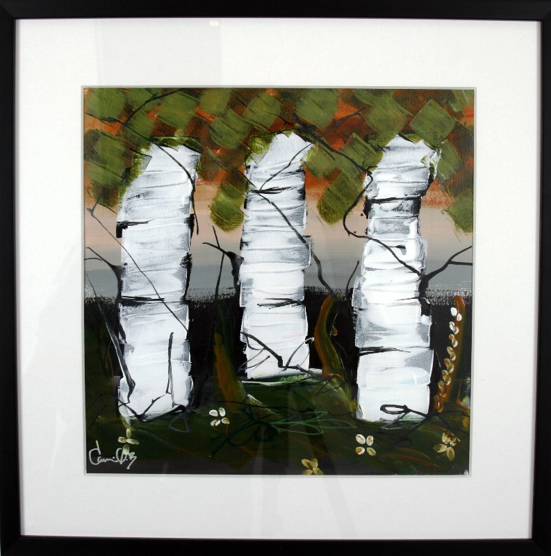 Kunstværk malet på papir med passepartout bag glas