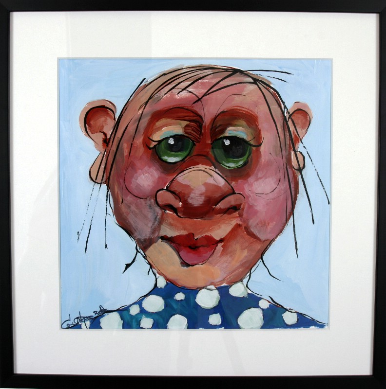 Kunstværk malet på papir med passepartout bag glas