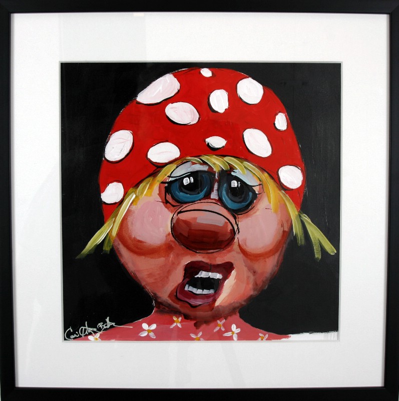 Kunstværk malet på papir med passepartout bag glas