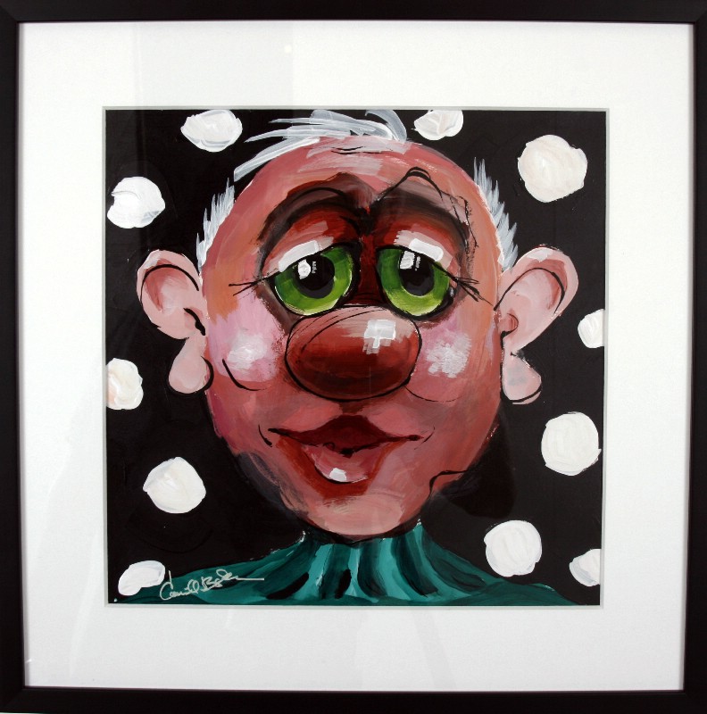 Kunstværk malet på papir med passepartout bag glas