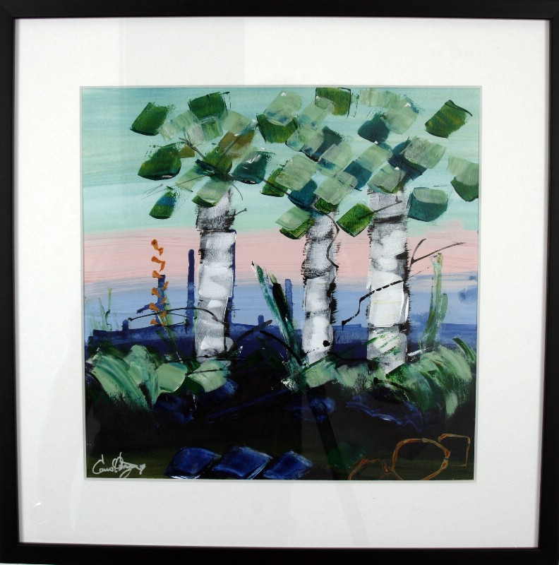 Kunstværk malet på papir med passepartout bag glas