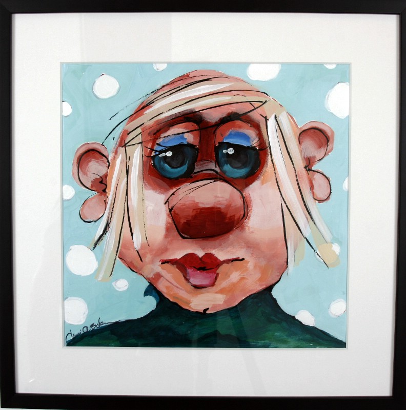 Kunstværk malet på papir med passepartout bag glas