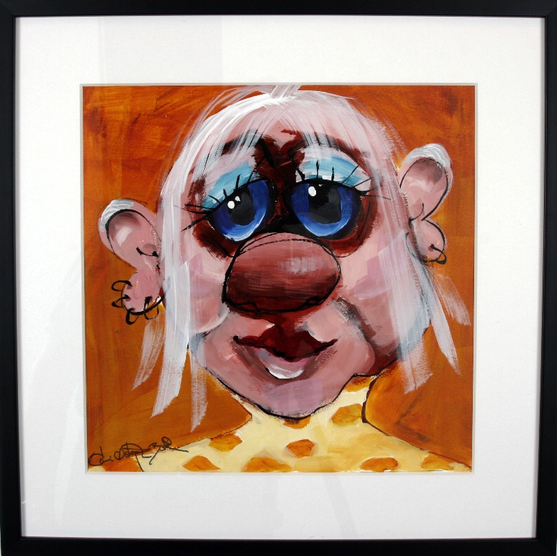 Kunstværk malet på papir med passepartout bag glas