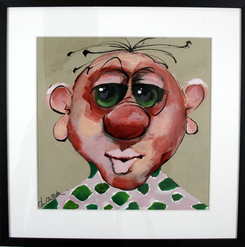 Kunstværk malet på papir med passepartout bag glas