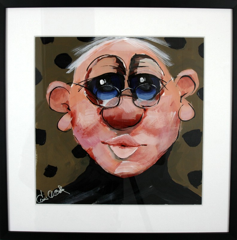 Kunstværk malet på papir med passepartout bag glas