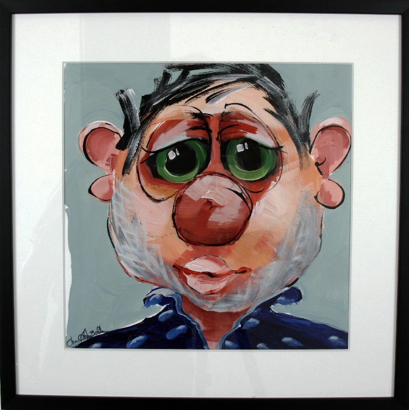 Kunstværk malet på papir med passepartout bag glas