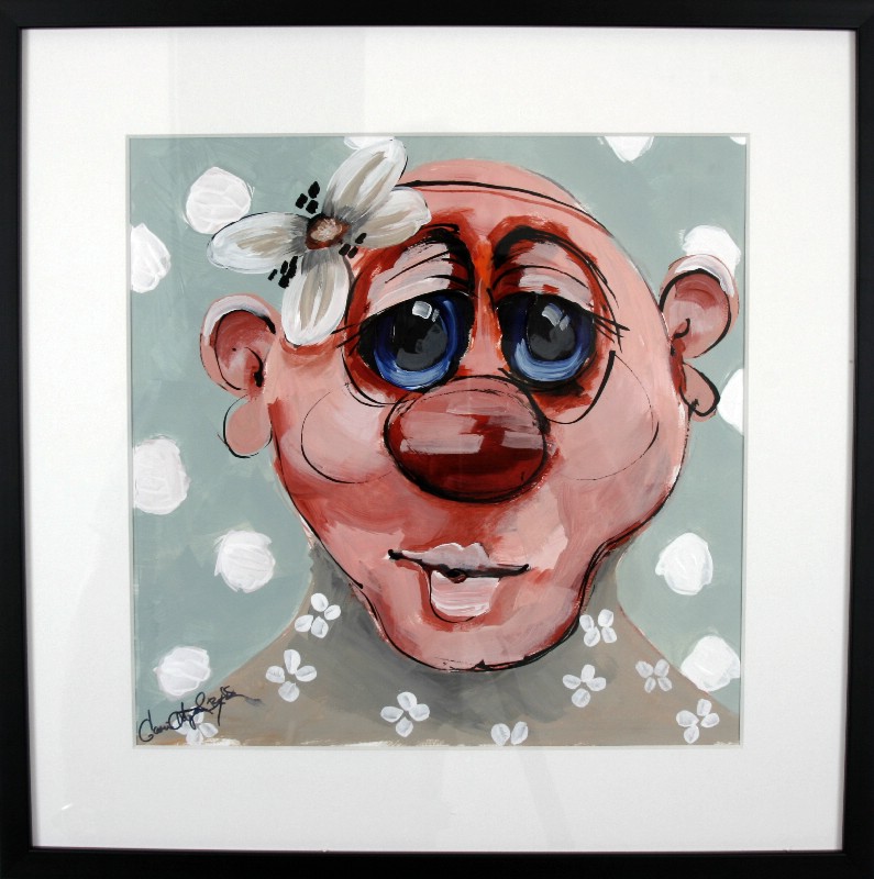 Kunstværk malet på papir med passepartout bag glas