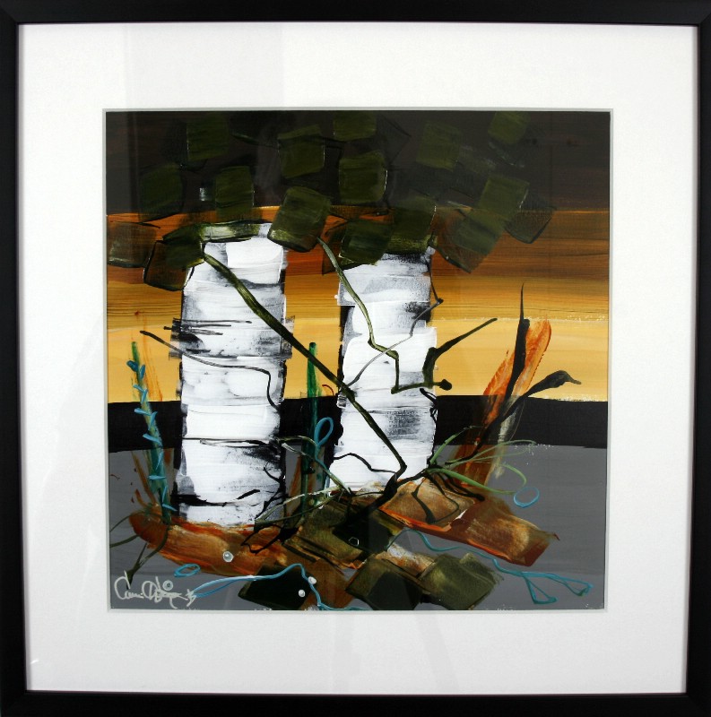 Kunstværk malet på papir med passepartout bag glas