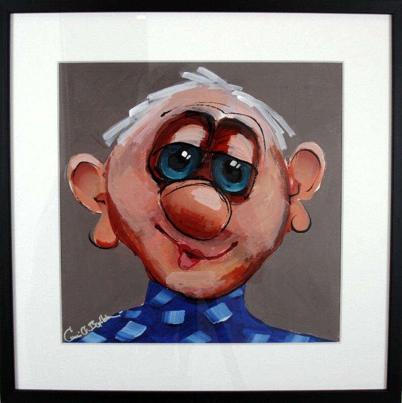 Kunstværk malet på papir med passepartout bag glas