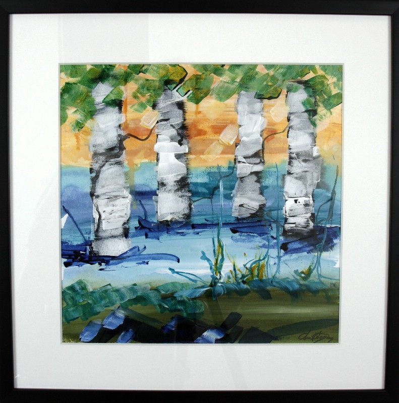 Kunstværk malet på papir med passepartout bag glas