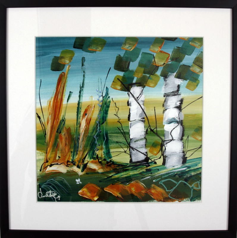 Kunstværk malet på papir med passepartout bag glas