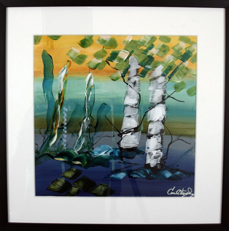 Kunstværk malet på papir med passepartout bag glas