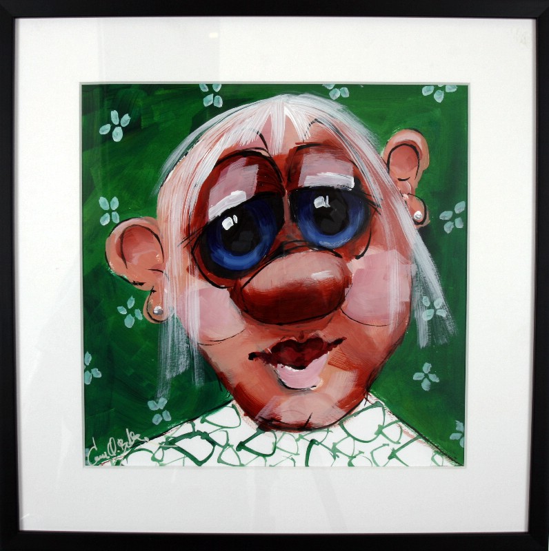 Kunstværk malet på papir med passepartout bag glas