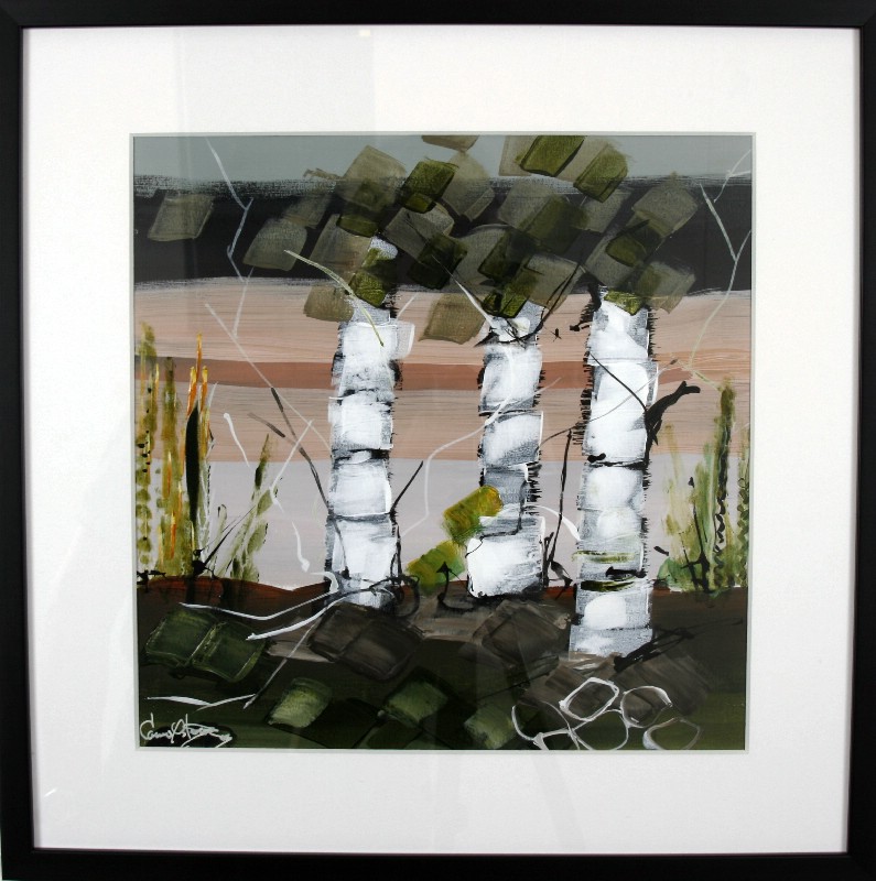 Kunstværk malet på papir med passepartout bag glas