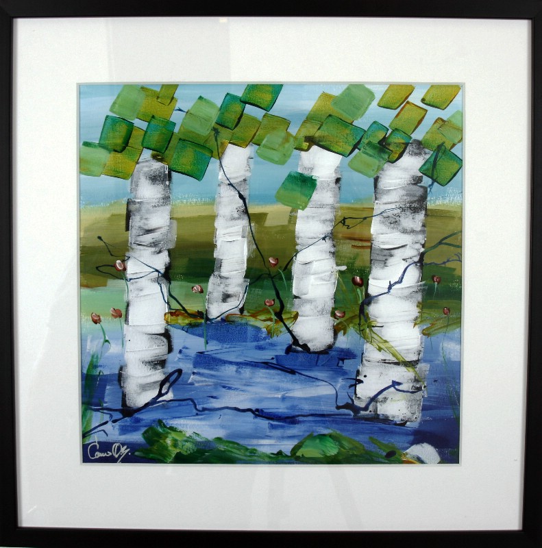 Kunstværk malet på papir med passepartout bag glas