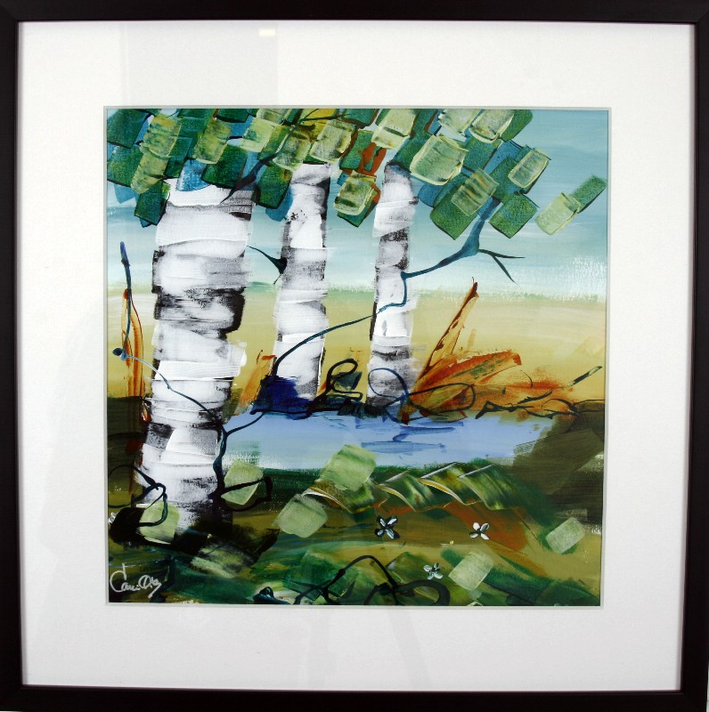 Kunstværk malet på papir med passepartout bag glas