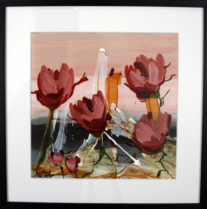 Kunstværk malet på papir med passepartout bag glas