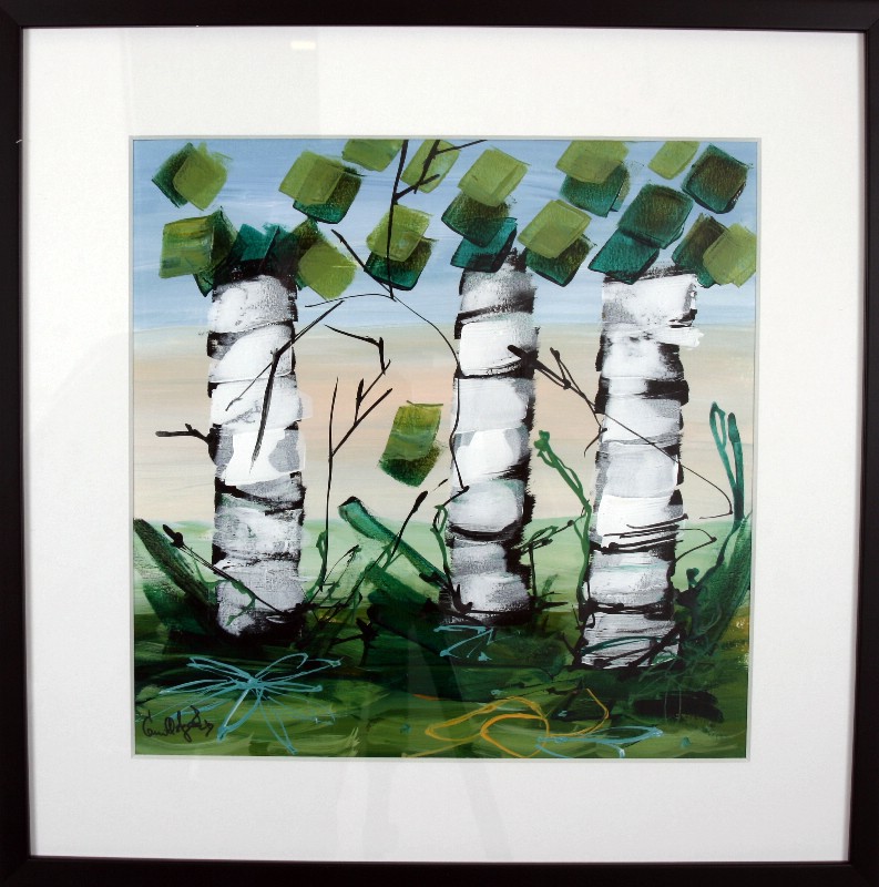 Kunstværk malet på papir med passepartout bag glas