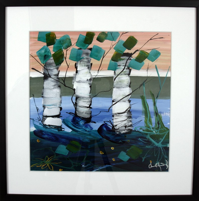 Kunstværk malet på papir med passepartout bag glas