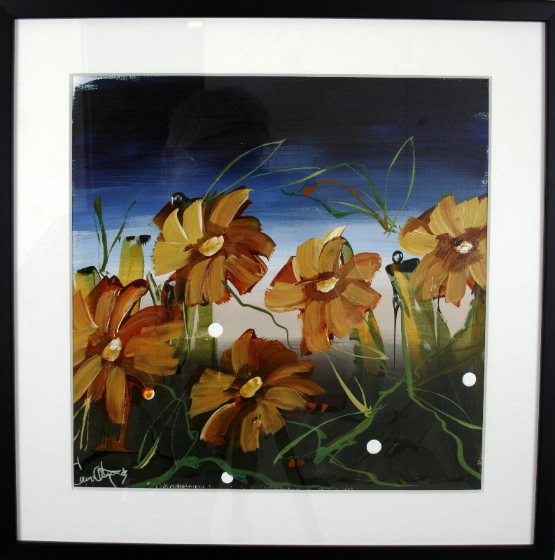 Kunstværk malet på papir med passepartout bag glas