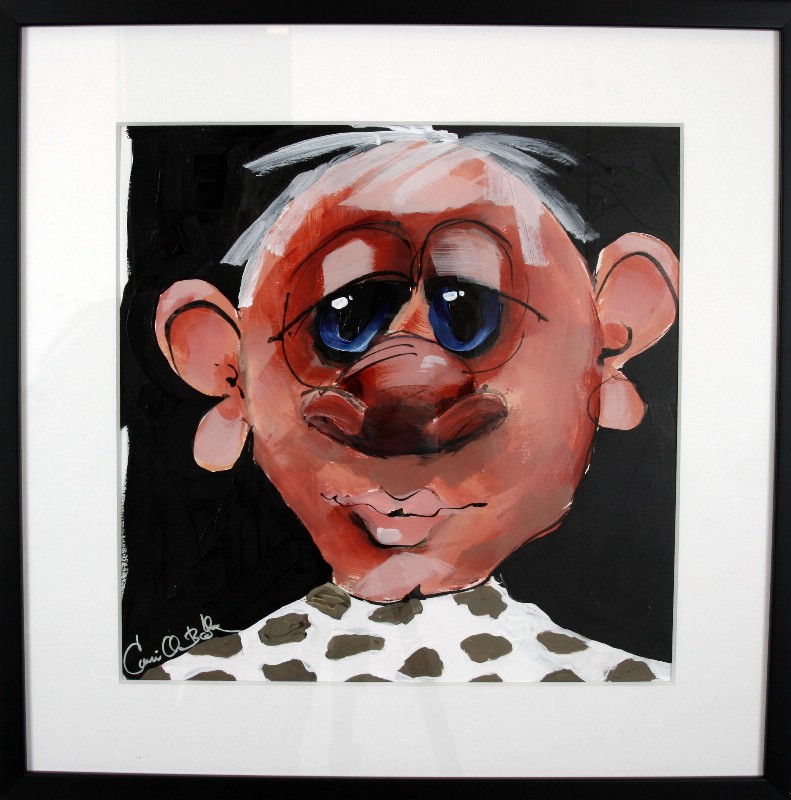 Kunstværk malet på papir med passepartout bag glas