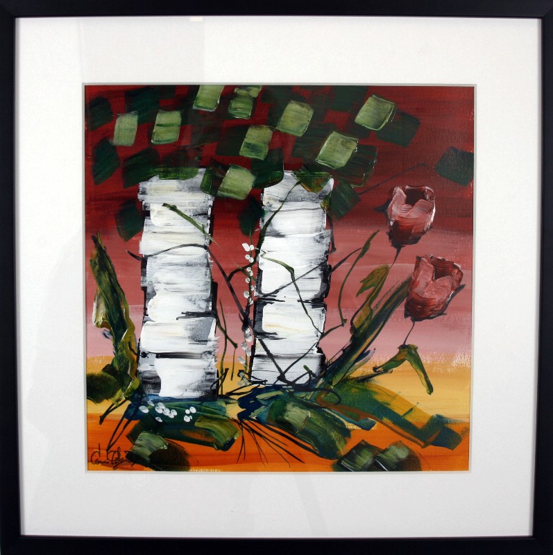 Kunstværk malet på papir med passepartout bag glas