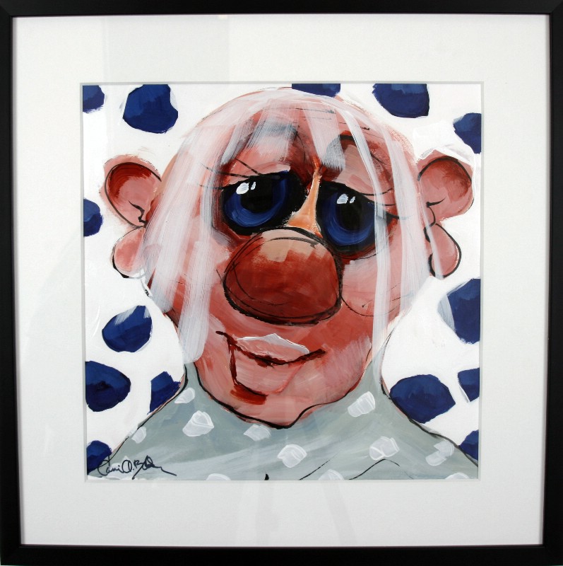 Kunstværk malet på papir med passepartout bag glas