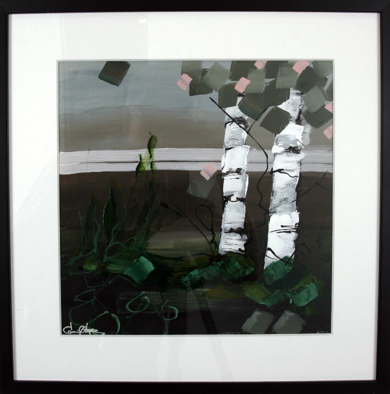 Kunstværk malet på papir med passepartout bag glas