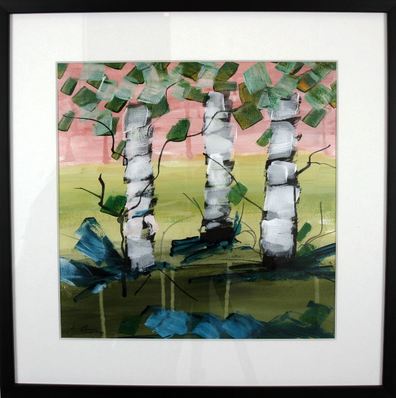 Kunstværk malet på papir med passepartout bag glas