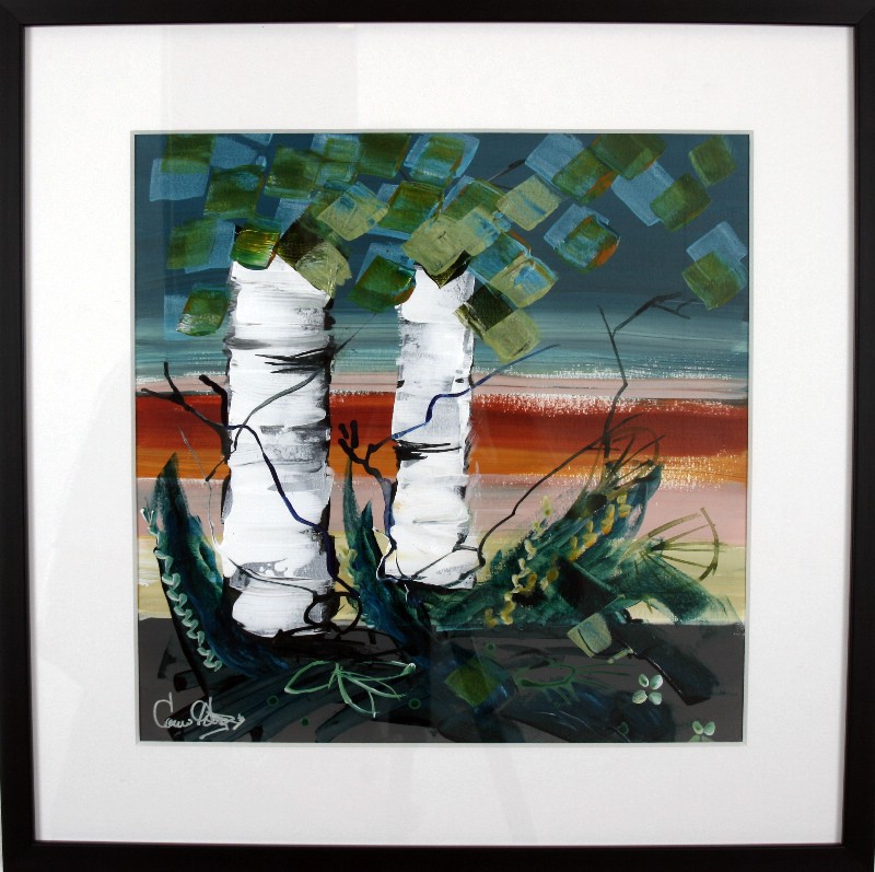 Kunstværk malet på papir med passepartout bag glas