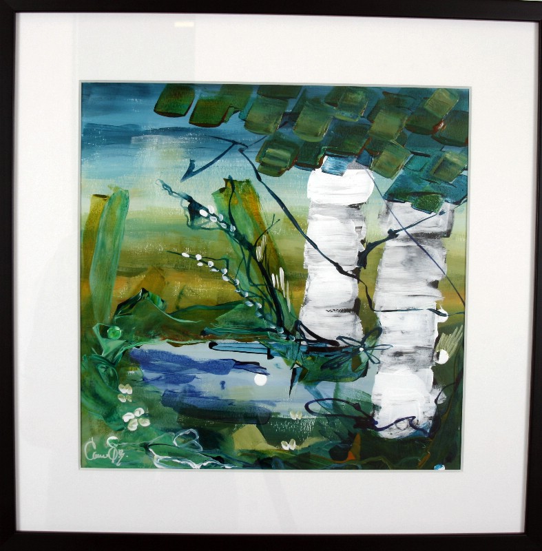 Kunstværk malet på papir med passepartout bag glas