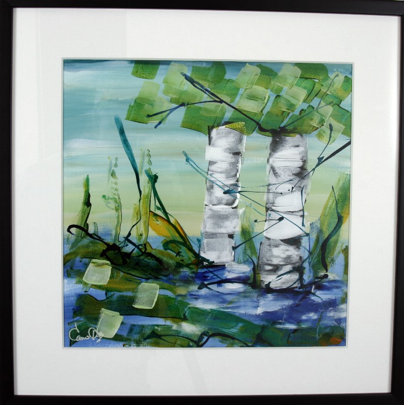 Kunstværk malet på papir med passepartout bag glas