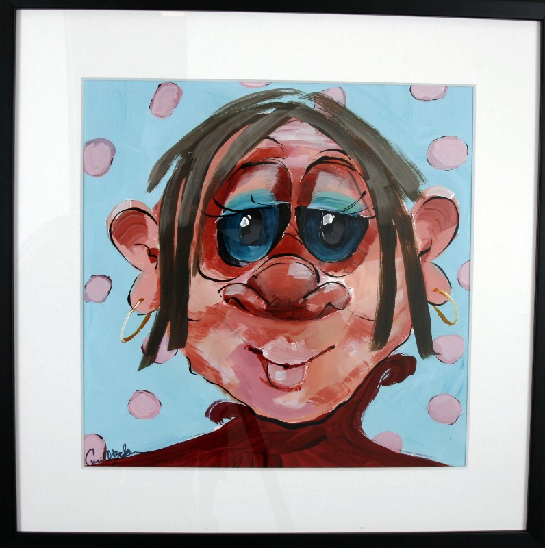 Kunstværk malet på papir med passepartout bag glas