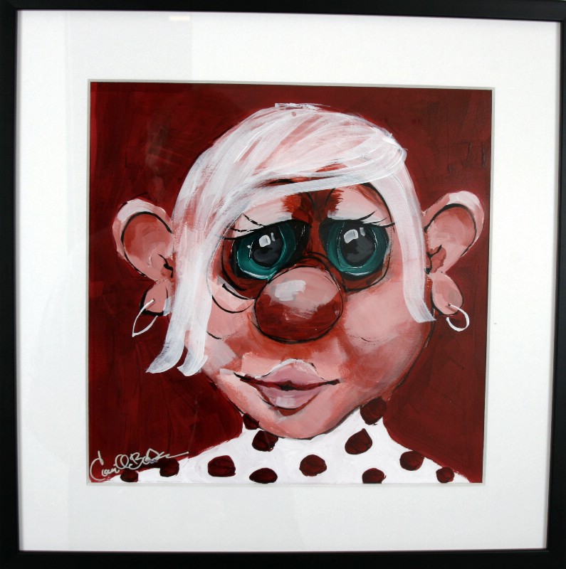 Kunstværk malet på papir med passepartout bag glas