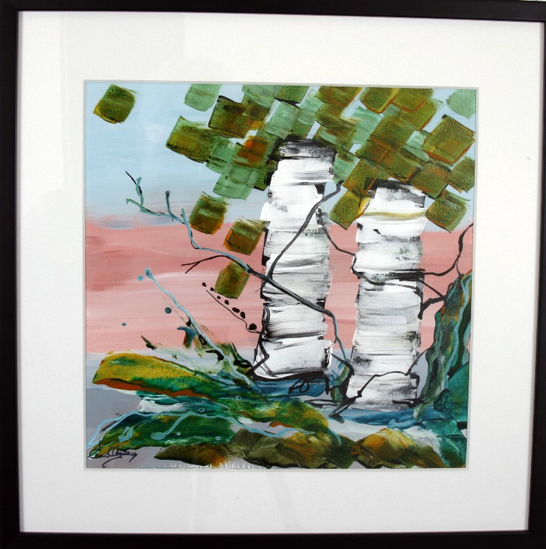 Kunstværk malet på papir med passepartout bag glas