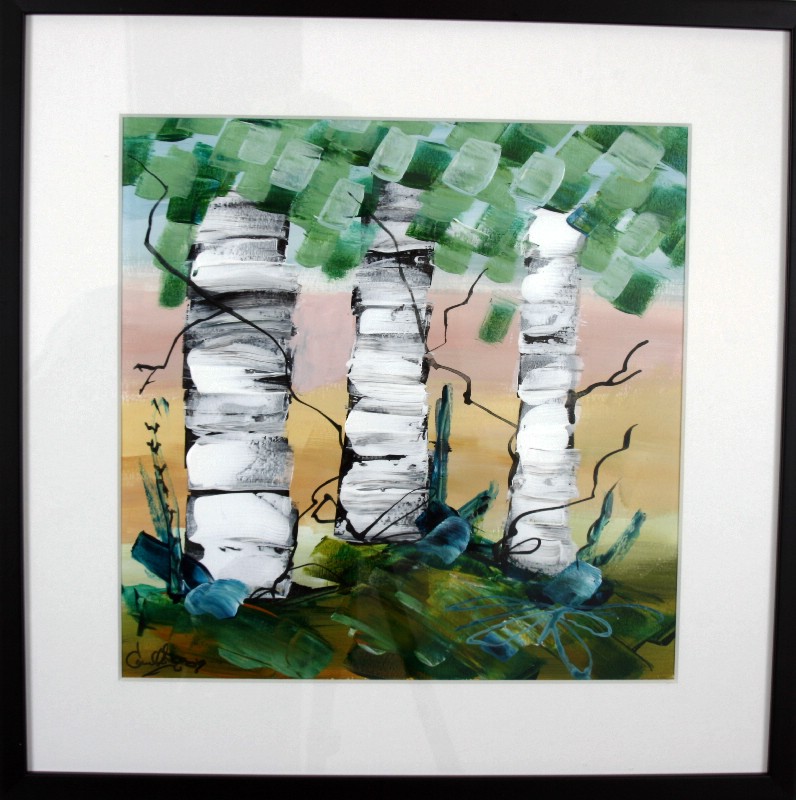 Kunstværk malet på papir med passepartout bag glas