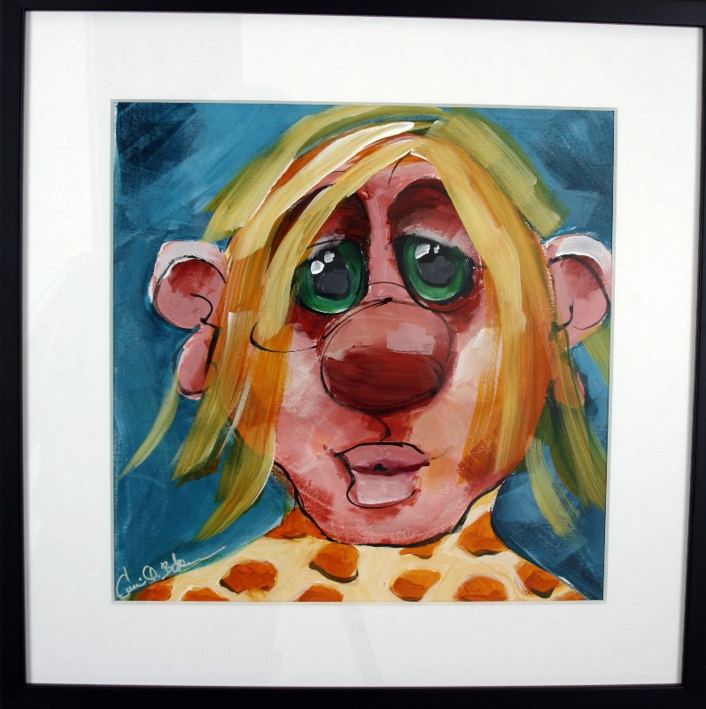 Kunstværk malet på papir med passepartout bag glas