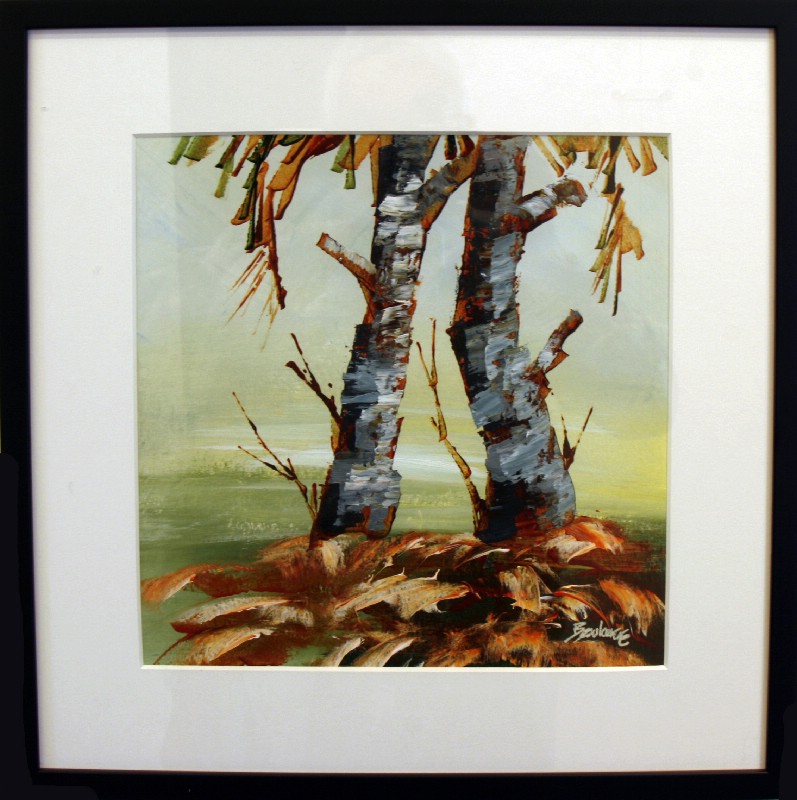 Kunstværk malet på papir med passepartout bag glas