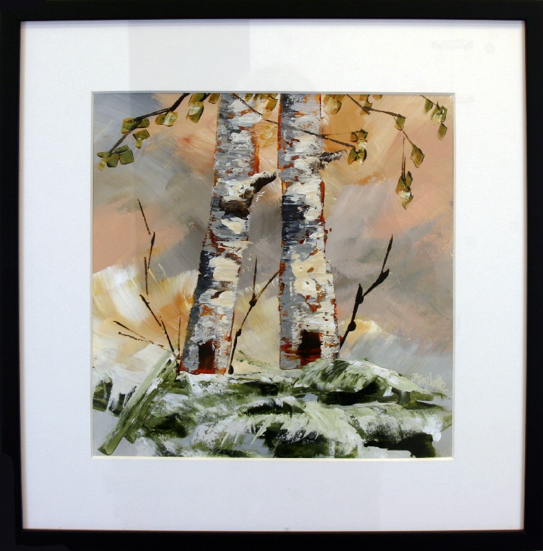 Kunstværk malet på papir med passepartout bag glas