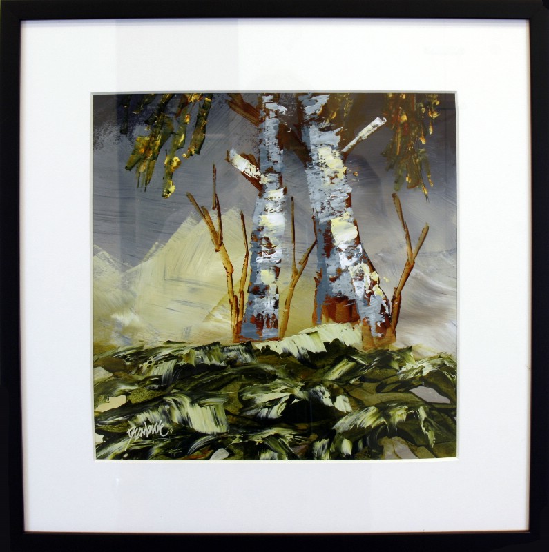 Kunstværk malet på papir med passepartout bag glas