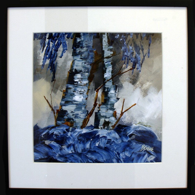 Kunstværk malet på papir med passepartout bag glas