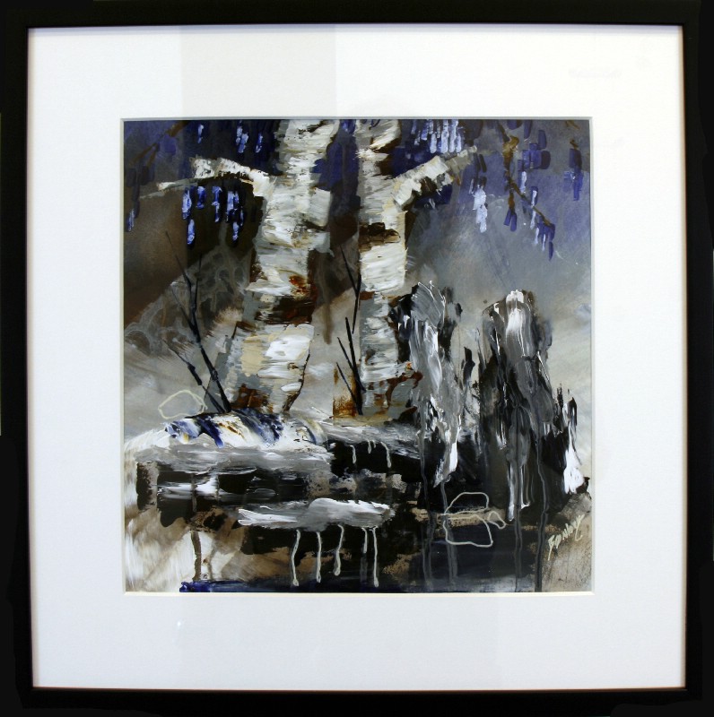 Kunstværk malet på papir med passepartout bag glas