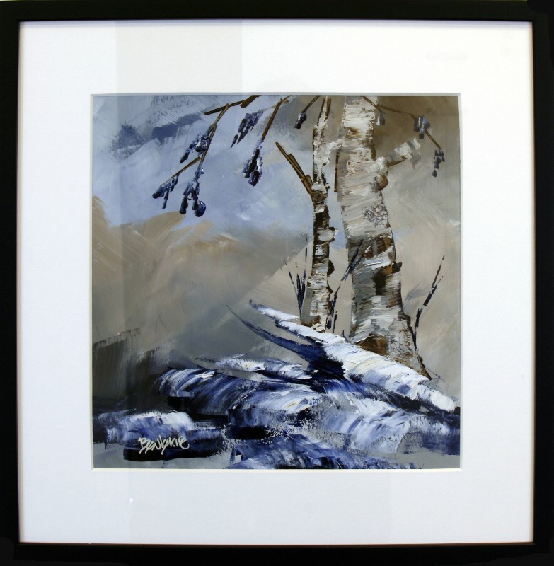 Kunstværk malet på papir med passepartout bag glas