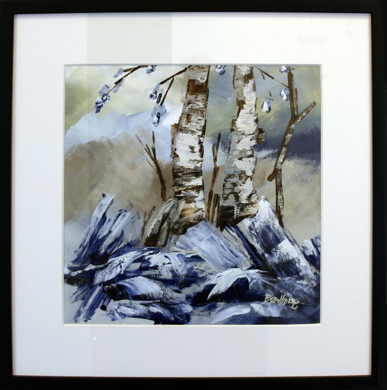 Kunstværk malet på papir med passepartout bag glas