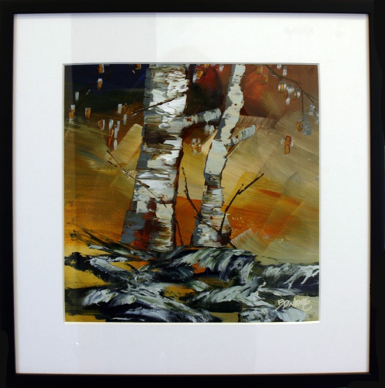 Kunstværk malet på papir med passepartout bag glas