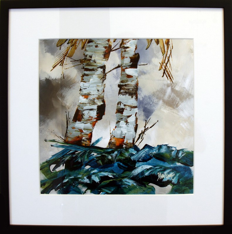 Kunstværk malet på papir med passepartout bag glas